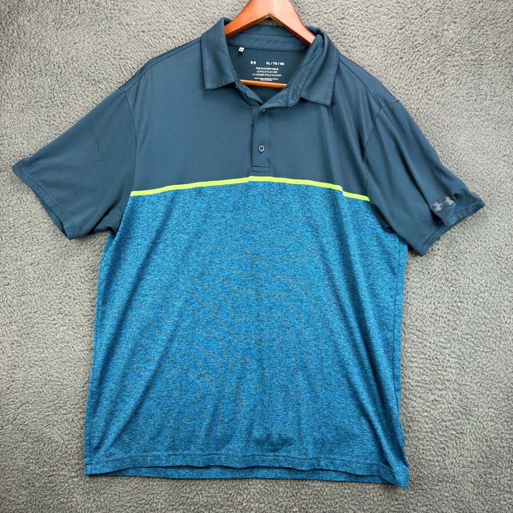 Under Armour Mens The Playoff Polo Shirt XL Blue Teal Colorblock Short Sleeve